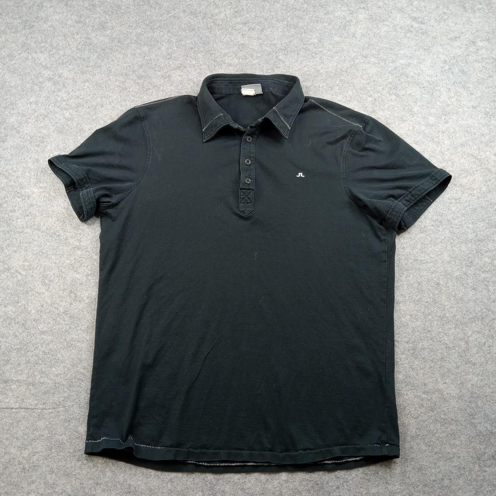 J Lindeberg Polo Shirt Mens Large Black Golf Casual Cotton‎ Logo Short Sleeve